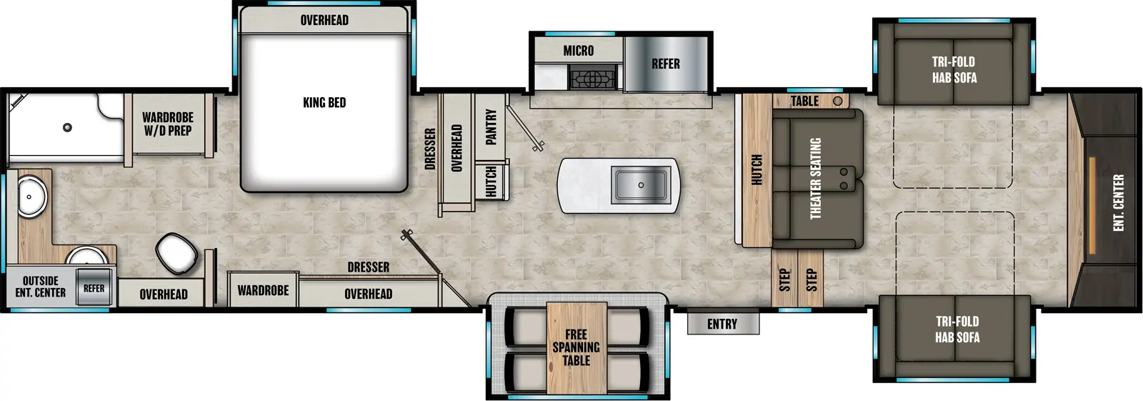 The Phoenix 334FL floorplan has one entry and five slide outs. Exterior features include: fiberglass exterior, 20' awning,  outside entertainment and outside kitchen. Interiors features include: kitchen island, free-standing dinette option, rear bedroom, front living and rear bathroom.